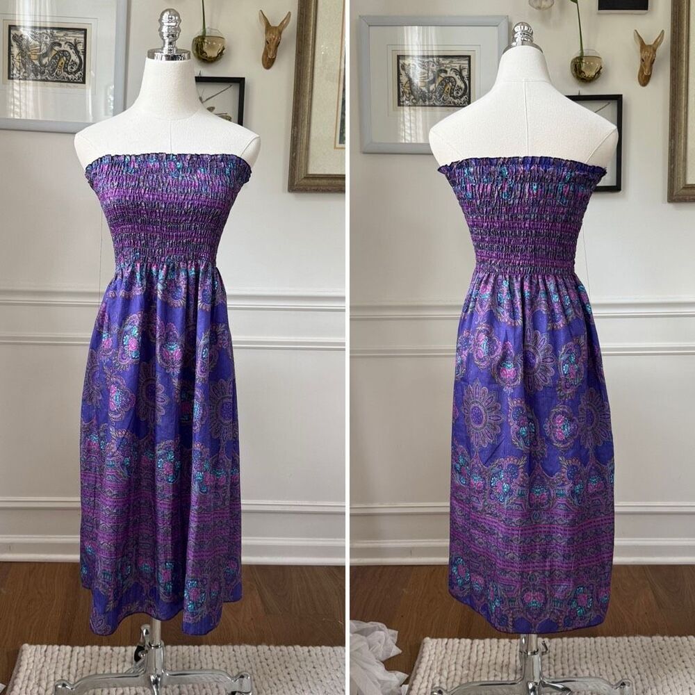 Vintage 80s Purple Strapless Smocked Top Sun Dress S